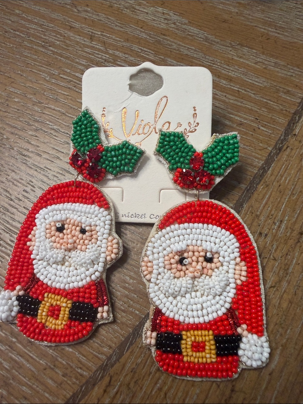 Kids Santa Beaded Drop Earrings with Holly Accent - Red & Green